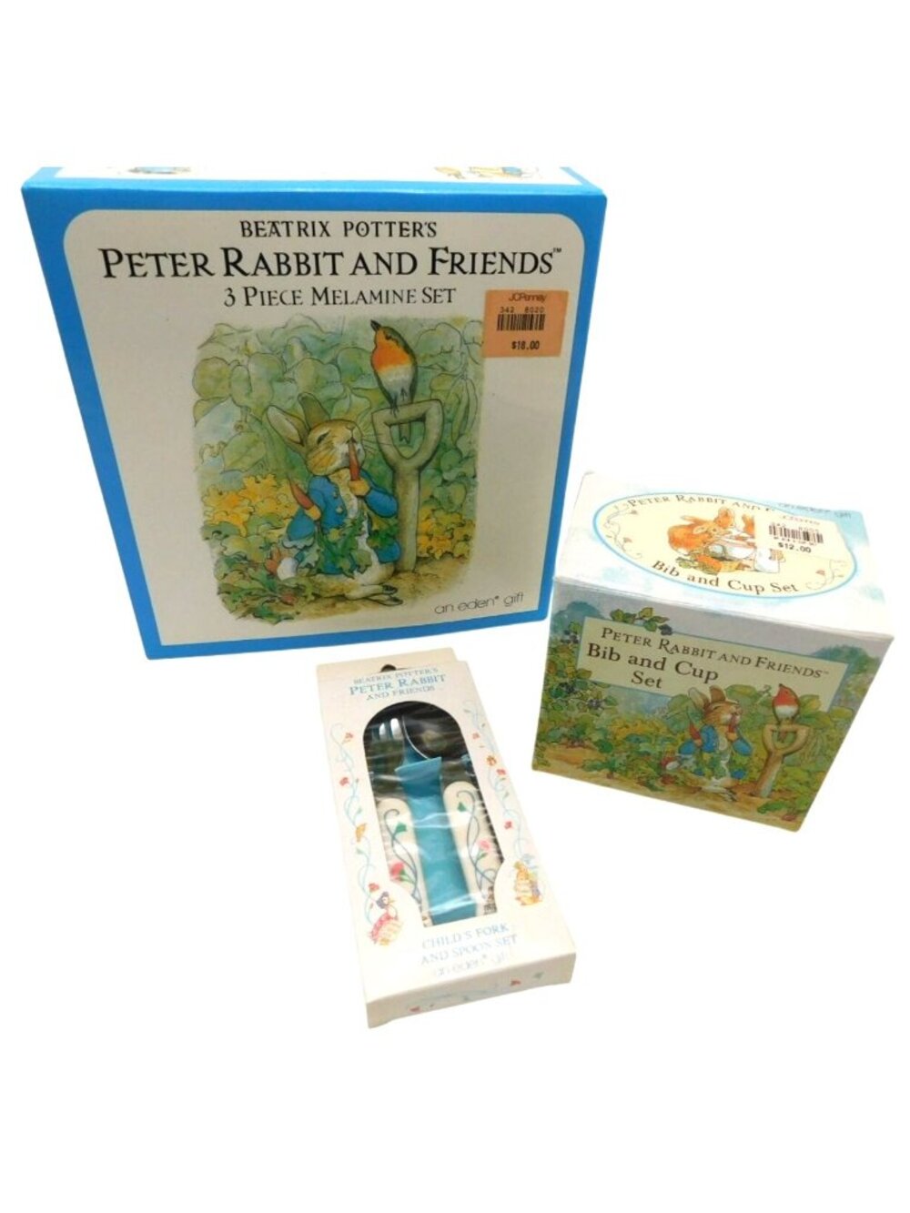 Eden Beatrix Potter Peter Rabbit 3-Piece Melamine Set Bib Cup Set Fork Spoon